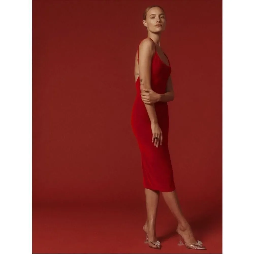 New Reformation‎ Merel Velvet Midi Dress Red Scoop Back Adjustable Strap Sz XS